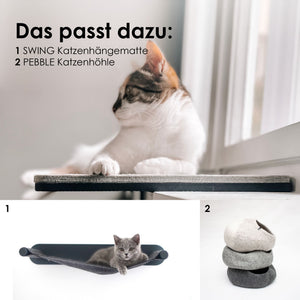VIEW Fensterbankliege mit Katze am Fenster – dazu passend SWING Katzenhängematte und PEBBLE Katzenhöhle.