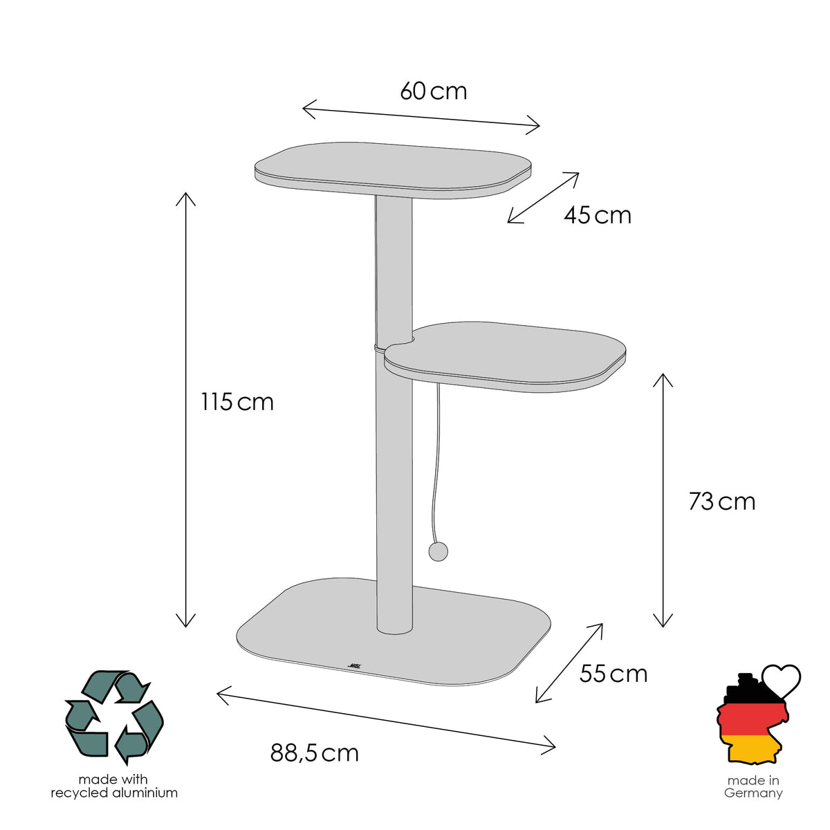 PEAK Kratzbaum Maßangaben: Höhe 115 cm, Liegeflächen 60x45 cm und 88,5x55 cm, aus recyceltem Aluminium, made in Germany.