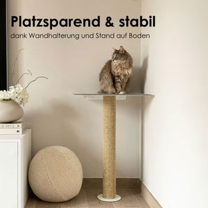 Katze sitzt auf GALLERY Wandkratzbaum in der Ecke, platzsparend mit Wandhalterung und Bodenstand