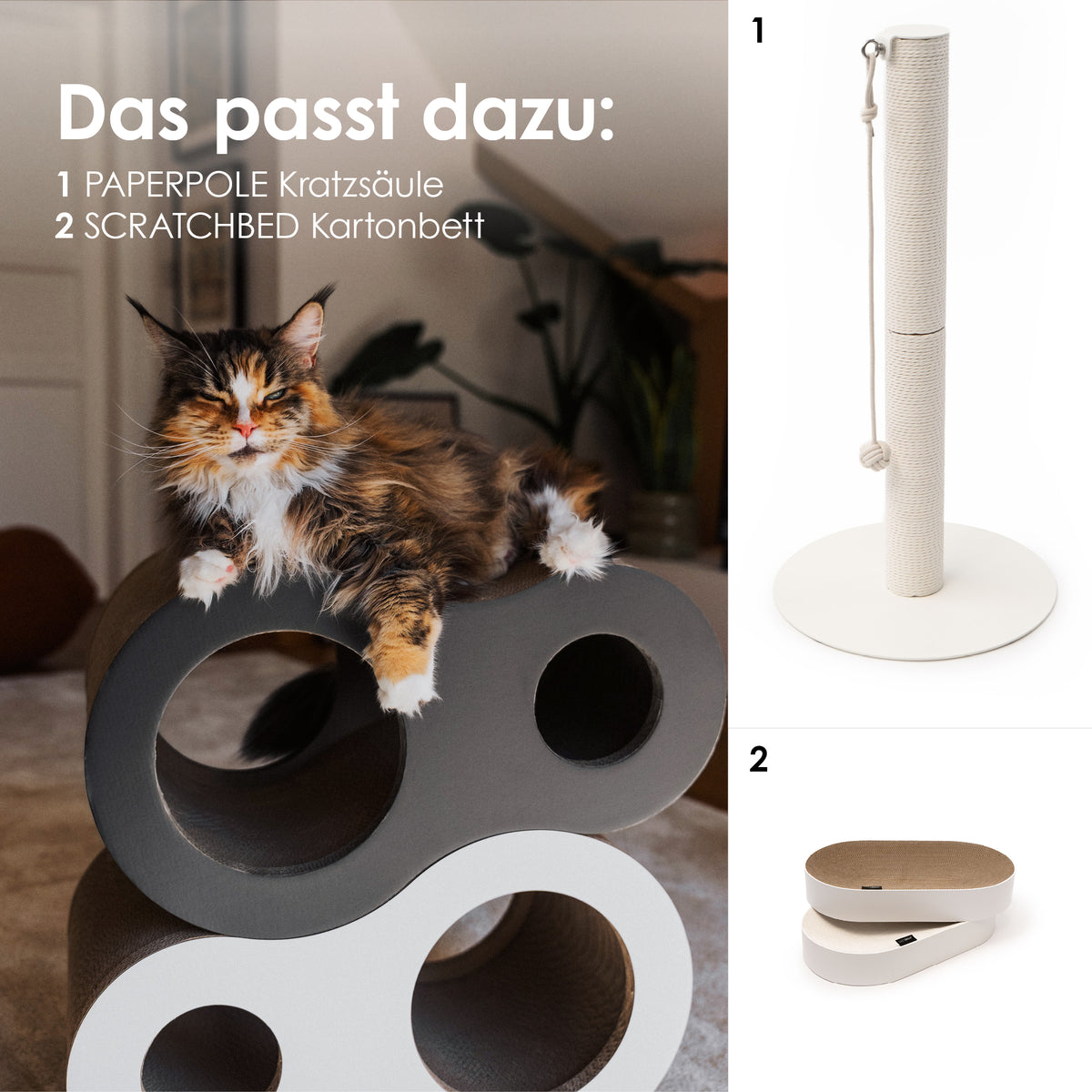 Passend zur PLAYGROUND Kratzwelt: PAPERPOLE Kratzsäule und SCRATCHBED Kartonbett