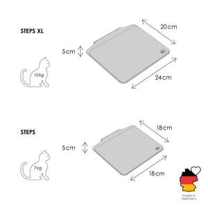 Dimensions de l'escalier pour chat STEPS : STEPS 18 x 18 cm (jusqu'à 7 kg) et STEPS XL 24 x 20 cm (jusqu'à 10 kg) – fabriqué en Allemagne