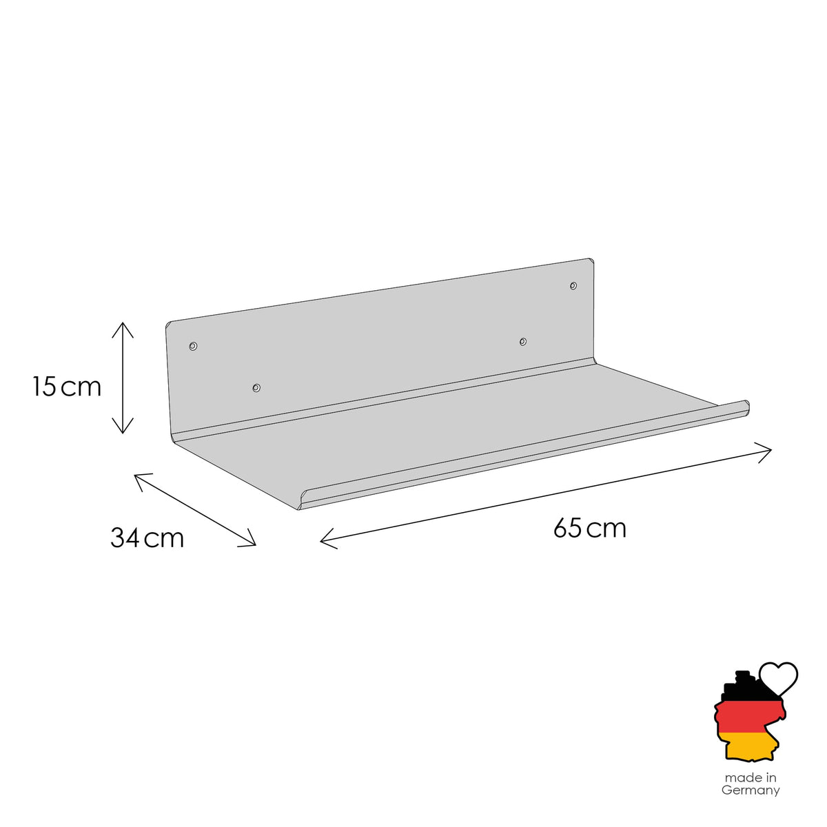 Dimensioni mensola a parete STRAIGHT: 65 x 34 x 15 cm, made in Germany.