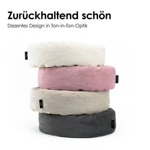 NEST Katzenbett in vier Farben: Weiß, Rosa, Sand und Anthrazit gestapelt, „Zurückhaltend schön – Dezentes Design in Ton-in-Ton-Optik“