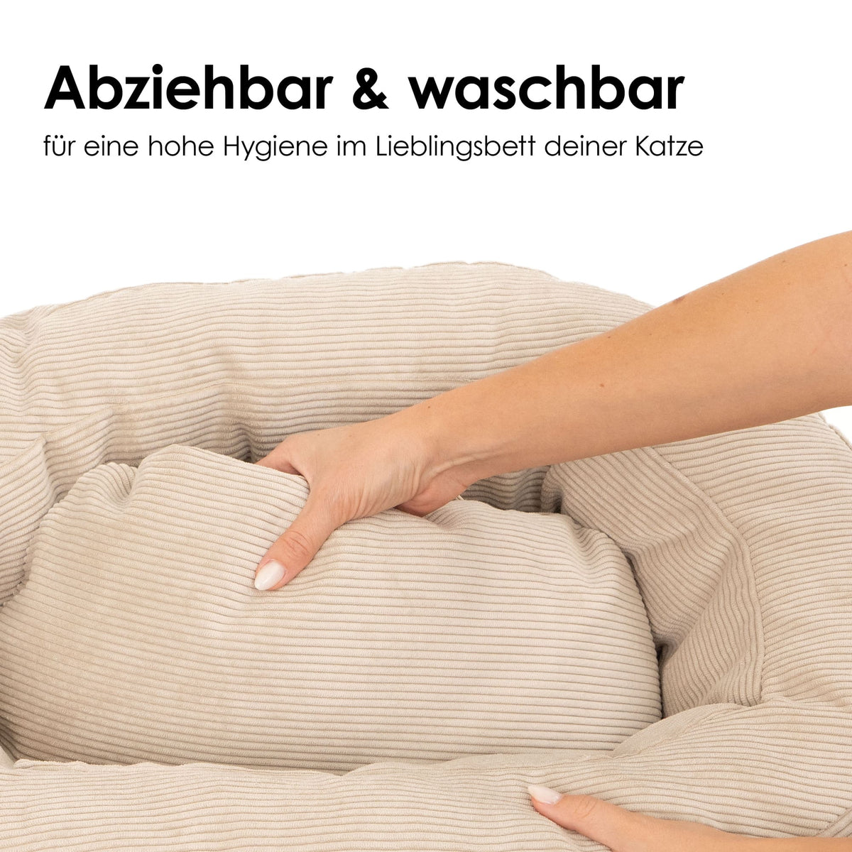 NEST Katzenbett in Sand: Herausnehmbares Kissen, „Abziehbar & waschbar – für eine hohe Hygiene im Lieblingsbett deiner Katze“