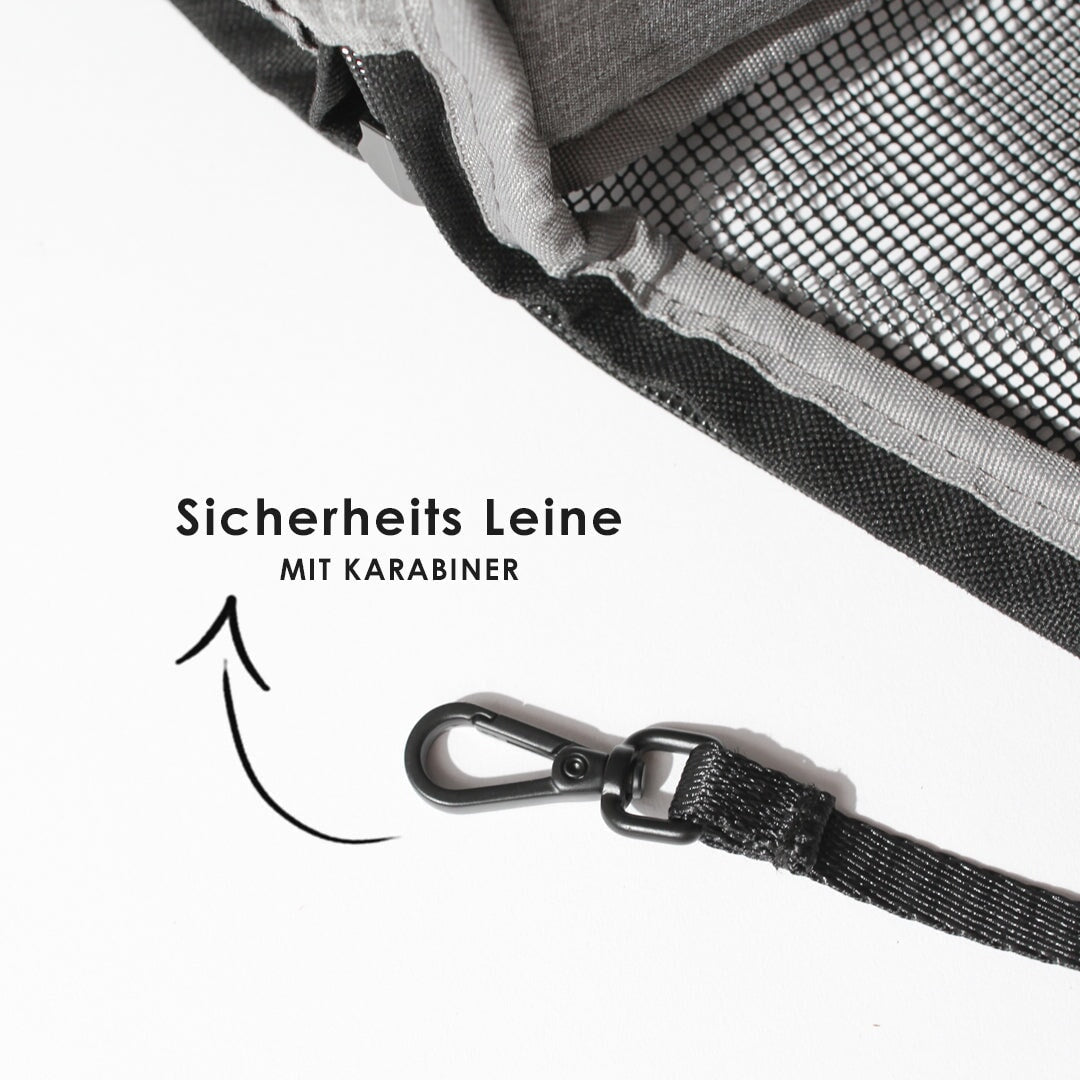 Sicherheitsleine mit Karabiner am Netzfenster der CHECK-IN Transporttasche Choupette Edition