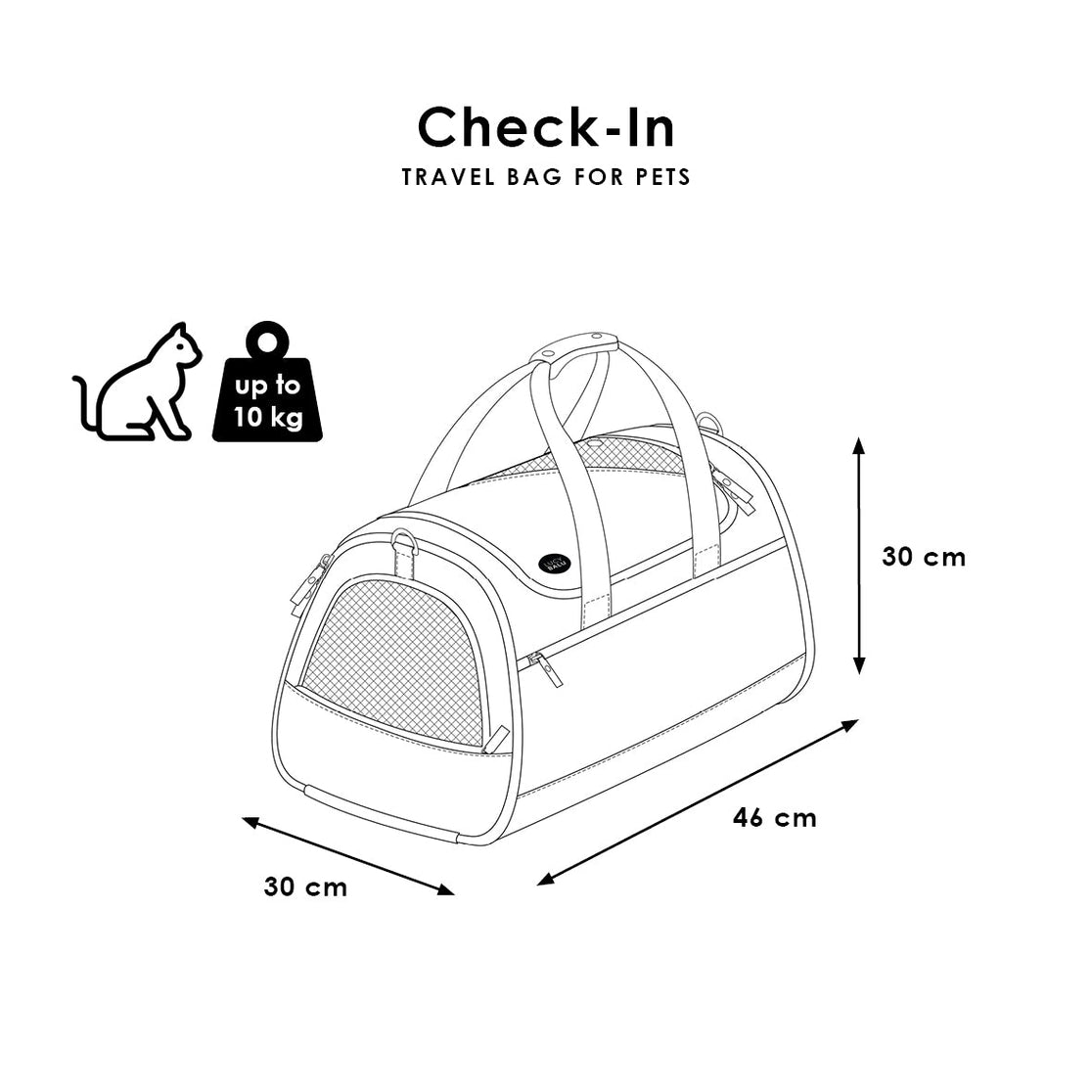 Maße der CHECK-IN Transporttasche: 46 x 30 x 30 cm, geeignet für Katzen bis 10 kg