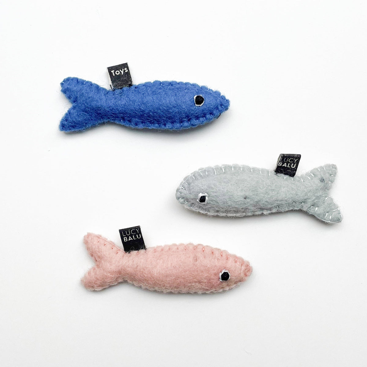 Pesci di feltro SARDINES, set da 3 in blu, grigio e rosa